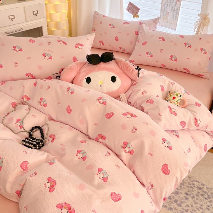 91家纺网 家纺一手货源 找家纺 海岛哥哥 2025新款高克重（110克）云感提花皱皱纱正版三丽鸥四件套系列 童趣美乐蒂