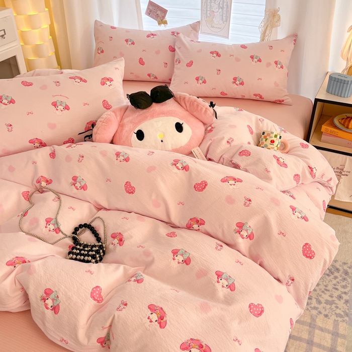 91家纺网 家纺一手货源 找家纺 海岛哥哥 2025新款高克重（110克）云感提花皱皱纱正版三丽鸥四件套系列 童趣美乐蒂