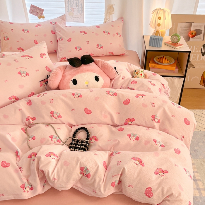 91家纺网 家纺一手货源 找家纺 海岛哥哥 2025新款高克重（110克）云感提花皱皱纱正版三丽鸥四件套系列 童趣美乐蒂