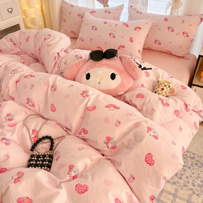 91家纺网 家纺一手货源 找家纺 海岛哥哥 2025新款高克重（110克）云感提花皱皱纱正版三丽鸥四件套系列 童趣美乐蒂