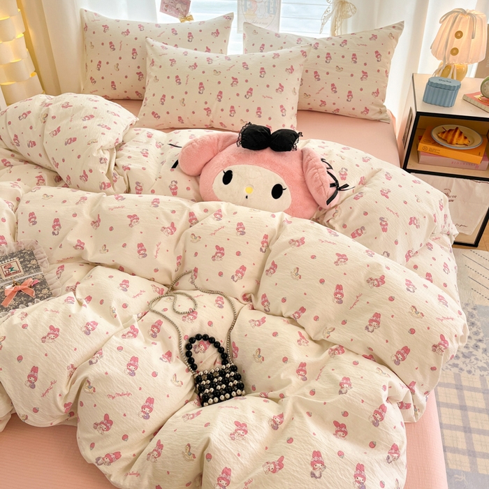 91家纺网 家纺一手货源 找家纺 海岛哥哥 2025新款高克重（110克）云感提花皱皱纱正版三丽鸥四件套系列 木马美乐蒂