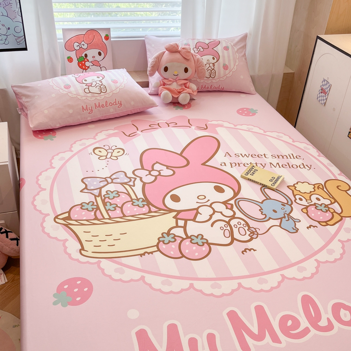 91家纺网 家纺一手货源 找家纺 暮思家居 2025新款正版授权三丽鸥大阪全棉数码印花纯棉单品床笠床笠单件单床笠（专版花型） 棉A版-草莓美乐蒂