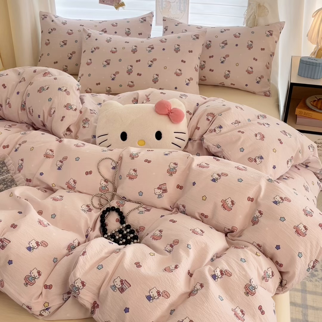 91家纺网 家纺一手货源 找家纺 海岛哥哥 2025新款高克重（110克）云感提花皱皱纱正版三丽鸥四件套系列 奶芙KT