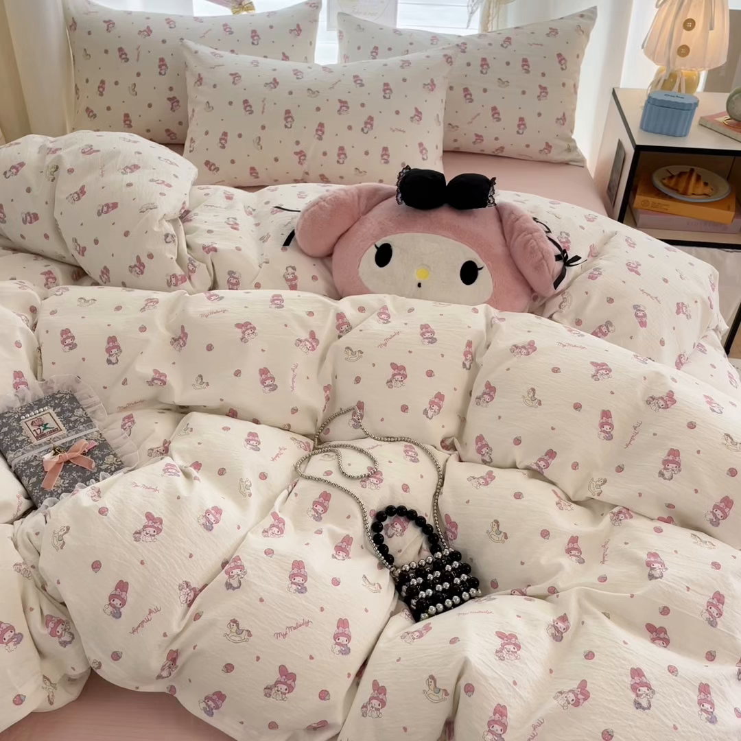 91家纺网 家纺一手货源 找家纺 海岛哥哥 2025新款高克重（110克）云感提花皱皱纱正版三丽鸥四件套系列 木马美乐蒂