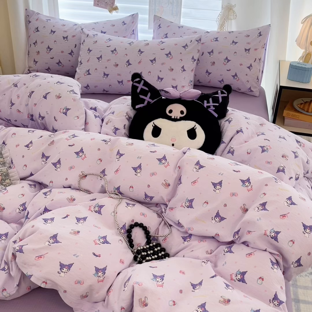 91家纺网 家纺一手货源 找家纺 海岛哥哥 2025新款高克重（110克）云感提花皱皱纱正版三丽鸥四件套系列 时尚库洛米