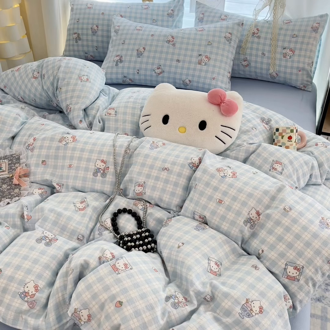 91家纺网 家纺一手货源 找家纺 海岛哥哥 2025新款高克重（110克）云感提花皱皱纱正版三丽鸥四件套系列 甜蜜电话-蓝