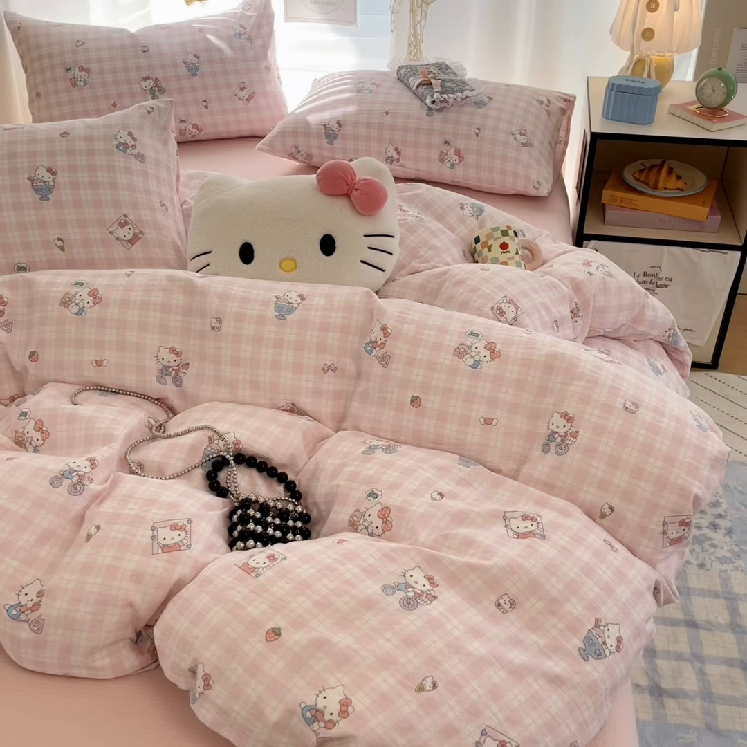 91家纺网 家纺一手货源 找家纺 海岛哥哥 2025新款高克重（110克）云感提花皱皱纱正版三丽鸥四件套系列 甜蜜电话-粉