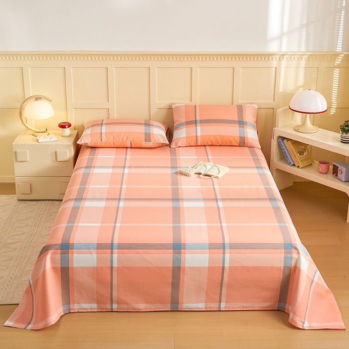 91家纺网 家纺一手货源 找家纺 青泽家纺 2025年新款老粗布床单原棉三枚缎卡老粗布凉席三件套亚麻棉麻床单枕套 橙粉大格