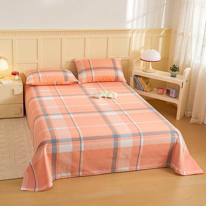 91家纺网 家纺一手货源 找家纺 青泽家纺 2025年新款老粗布床单原棉三枚缎卡老粗布凉席三件套亚麻棉麻床单枕套 橙粉大格