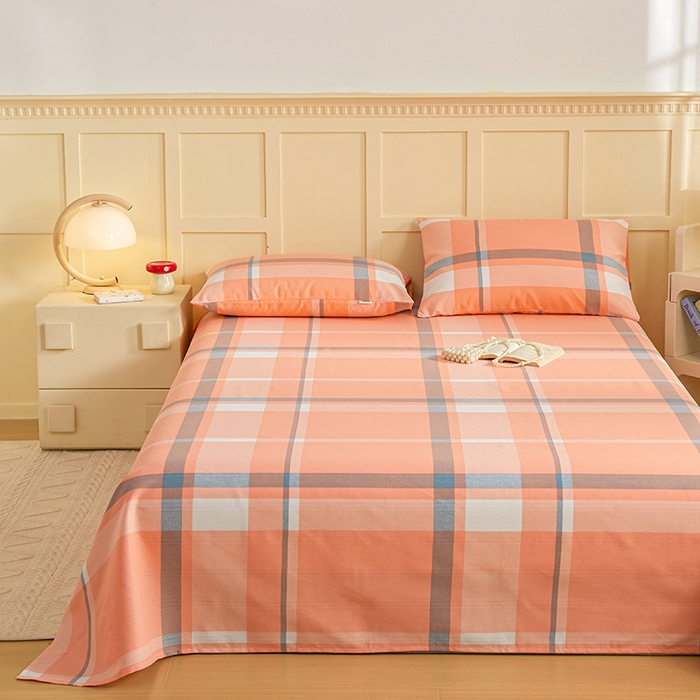 91家纺网 家纺一手货源 找家纺 青泽家纺 2025年新款老粗布床单原棉三枚缎卡老粗布凉席三件套亚麻棉麻床单枕套 橙粉大格