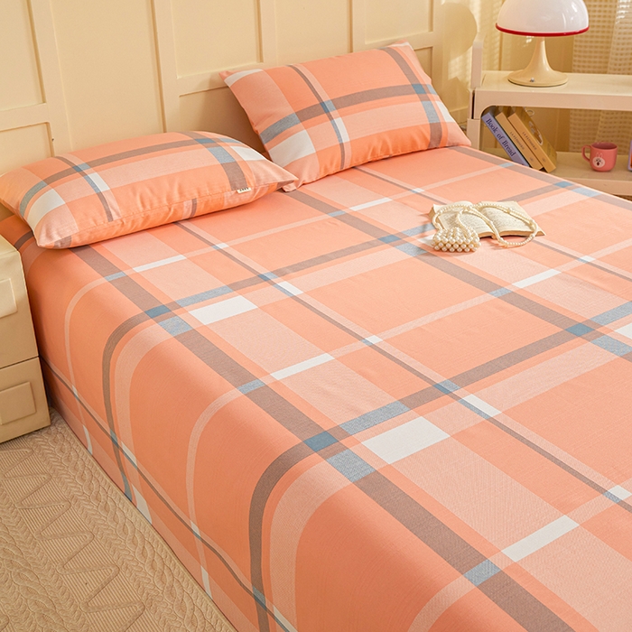 91家纺网 家纺一手货源 找家纺 青泽家纺 2025年新款老粗布床单原棉三枚缎卡老粗布凉席三件套亚麻棉麻床单枕套 橙粉大格