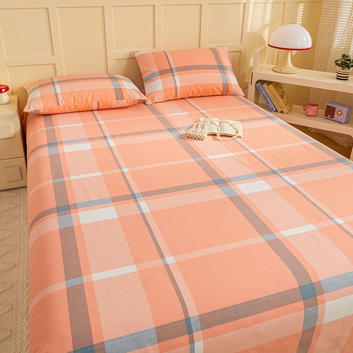 91家纺网 家纺一手货源 找家纺 青泽家纺 2025年新款老粗布床单原棉三枚缎卡老粗布凉席三件套亚麻棉麻床单枕套 橙粉大格