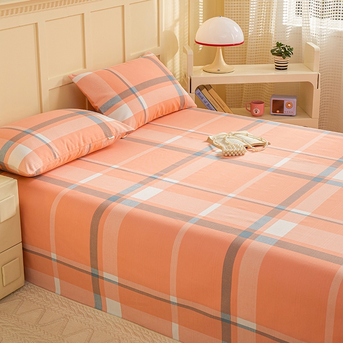 91家纺网 家纺一手货源 找家纺 青泽家纺 2025年新款老粗布床单原棉三枚缎卡老粗布凉席三件套亚麻棉麻床单枕套 橙粉大格