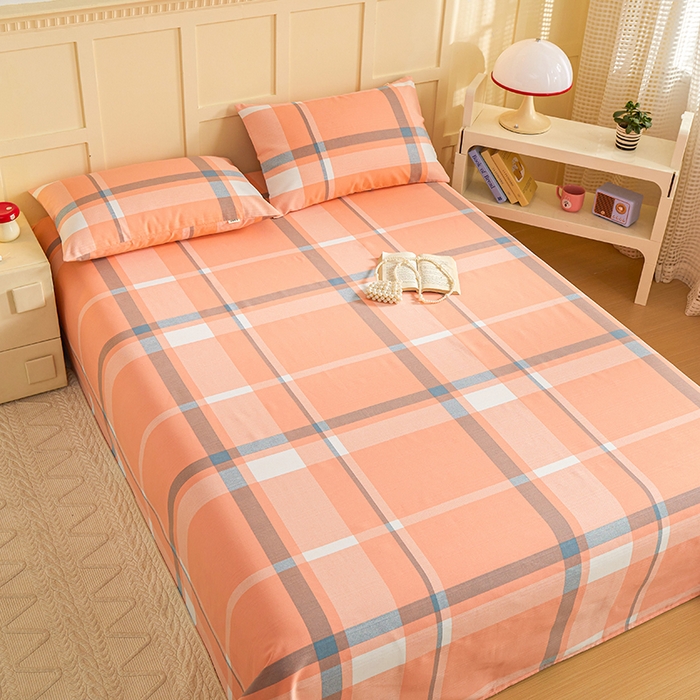 91家纺网 家纺一手货源 找家纺 青泽家纺 2025年新款老粗布床单原棉三枚缎卡老粗布凉席三件套亚麻棉麻床单枕套 橙粉大格