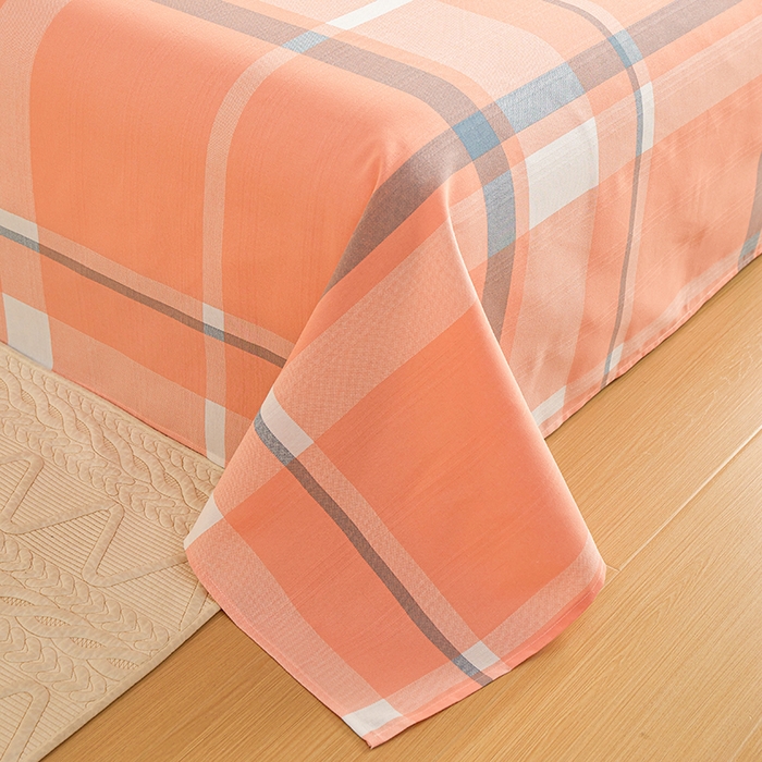 91家纺网 家纺一手货源 找家纺 青泽家纺 2025年新款老粗布床单原棉三枚缎卡老粗布凉席三件套亚麻棉麻床单枕套 橙粉大格