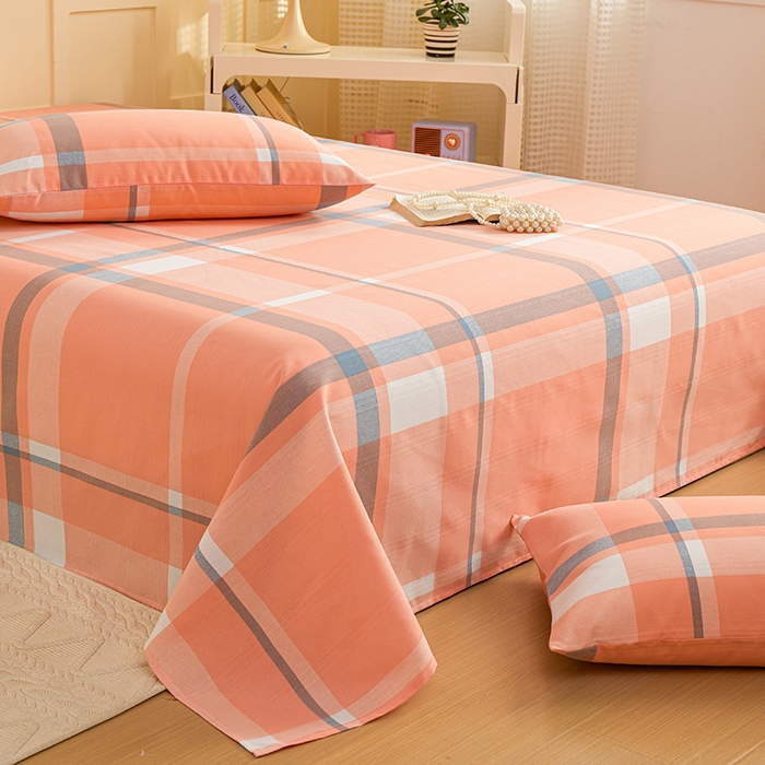 91家纺网 家纺一手货源 找家纺 青泽家纺 2025年新款老粗布床单原棉三枚缎卡老粗布凉席三件套亚麻棉麻床单枕套 橙粉大格