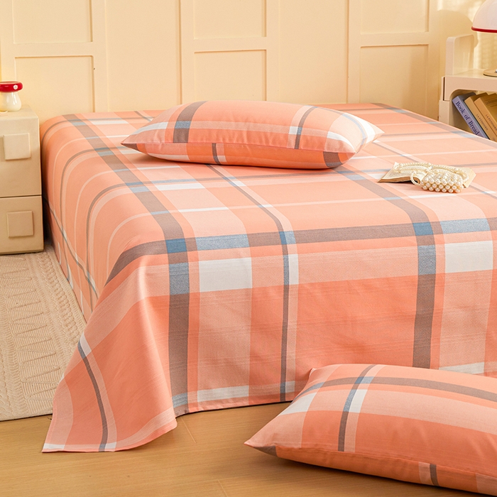 91家纺网 家纺一手货源 找家纺 青泽家纺 2025年新款老粗布床单原棉三枚缎卡老粗布凉席三件套亚麻棉麻床单枕套 橙粉大格