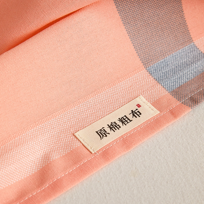 91家纺网 家纺一手货源 找家纺 青泽家纺 2025年新款老粗布床单原棉三枚缎卡老粗布凉席三件套亚麻棉麻床单枕套 橙粉大格