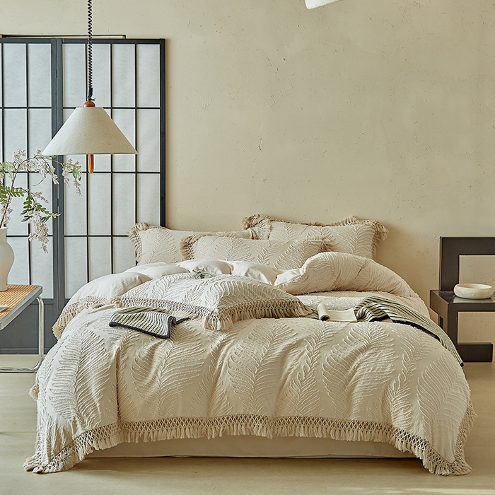 91家纺网 家纺一手货源 找家纺 缘生活 2025新款剪花针叶流苏四件套四季款 民宿首选 剪花针叶卡其+流苏