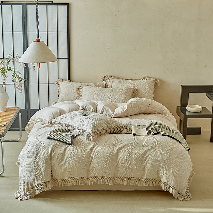 91家纺网 家纺一手货源 找家纺 缘生活 2025新款剪花针叶流苏四件套四季款 民宿首选 剪花针叶卡其+流苏