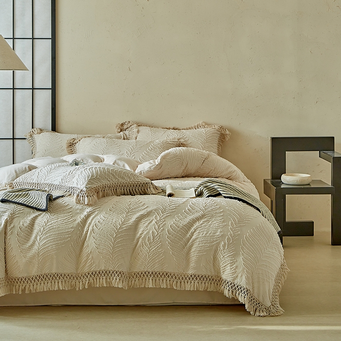 91家纺网 家纺一手货源 找家纺 缘生活 2025新款剪花针叶流苏四件套四季款 民宿首选 剪花针叶卡其+流苏