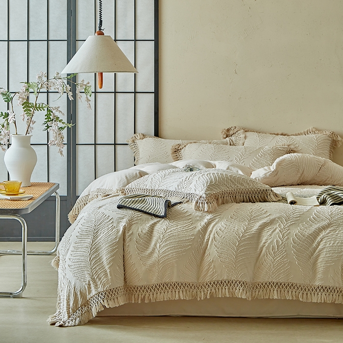 91家纺网 家纺一手货源 找家纺 缘生活 2025新款剪花针叶流苏四件套四季款 民宿首选 剪花针叶卡其+流苏