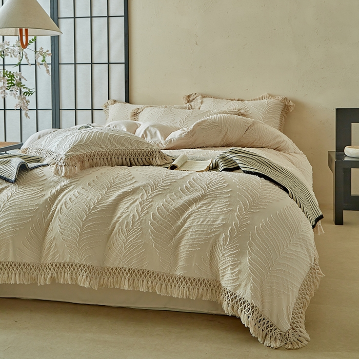 91家纺网 家纺一手货源 找家纺 缘生活 2025新款剪花针叶流苏四件套四季款 民宿首选 剪花针叶卡其+流苏