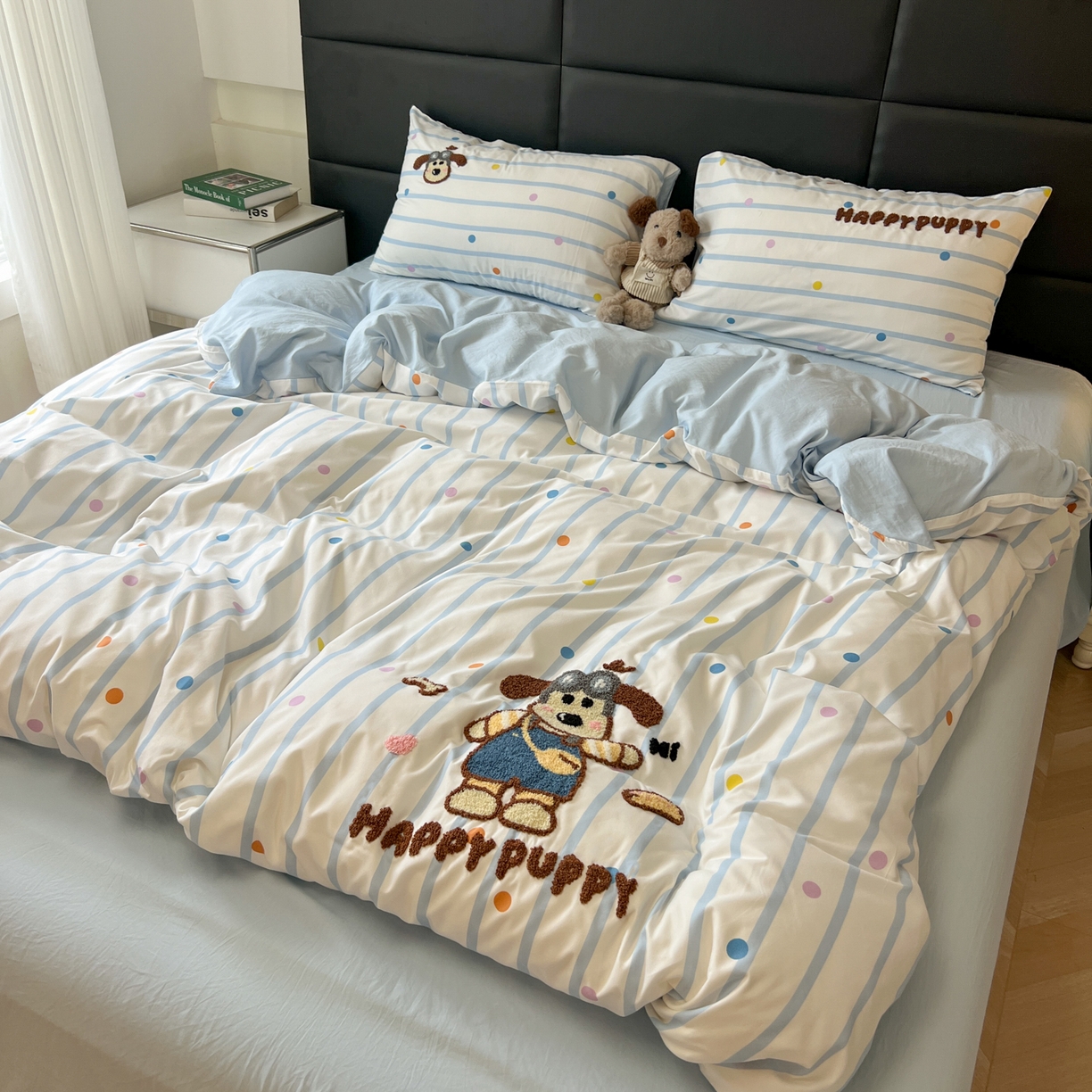 盼季家纺 2025新款卡通水洗棉毛巾绣四件套 毛巾绣-哈皮狗