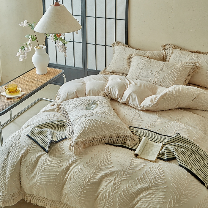 91家纺网 家纺一手货源 找家纺 缘生活 2025新款剪花针叶流苏四件套四季款 民宿首选 剪花针叶卡其+流苏