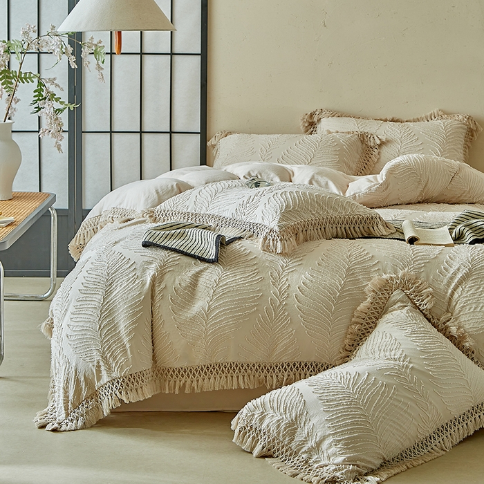 91家纺网 家纺一手货源 找家纺 缘生活 2025新款剪花针叶流苏四件套四季款 民宿首选 剪花针叶卡其+流苏