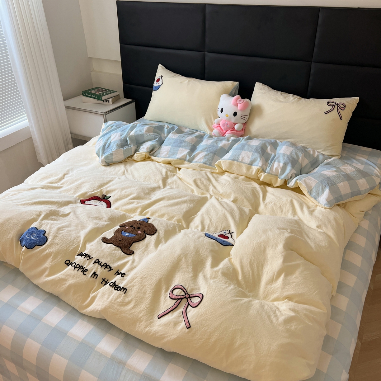 盼季家纺 2025新款卡通水洗棉毛巾绣四件套 毛巾绣-蓝格丝带酱