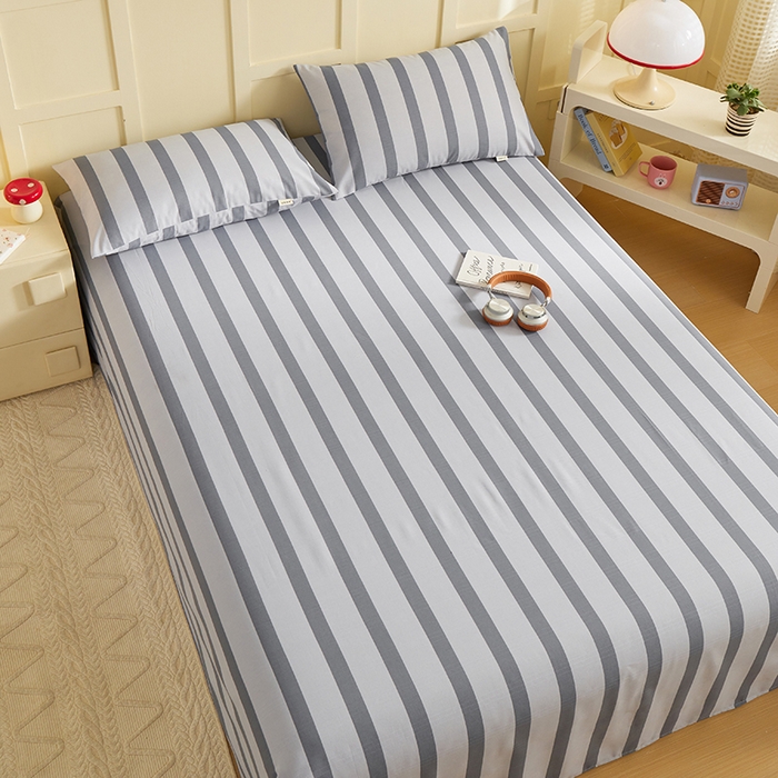 91家纺网 家纺一手货源 找家纺 青泽家纺 2025年新款老粗布床单原棉三枚缎卡老粗布凉席三件套亚麻棉麻床单枕套 灰竖条