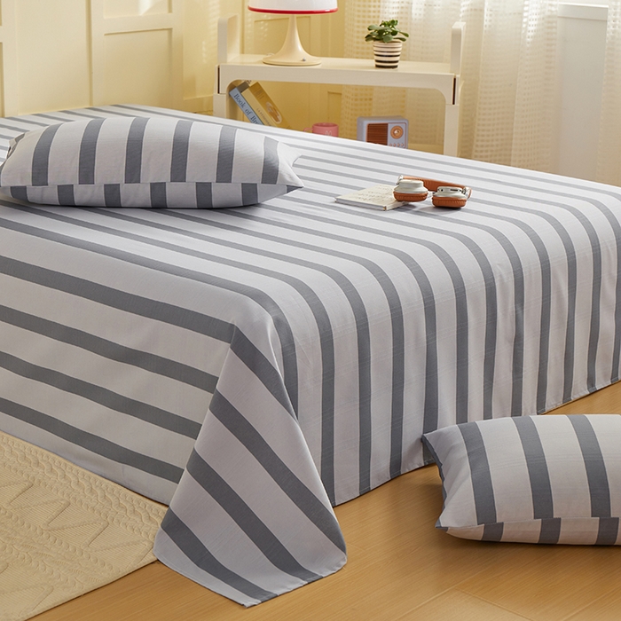 91家纺网 家纺一手货源 找家纺 青泽家纺 2025年新款老粗布床单原棉三枚缎卡老粗布凉席三件套亚麻棉麻床单枕套 灰竖条