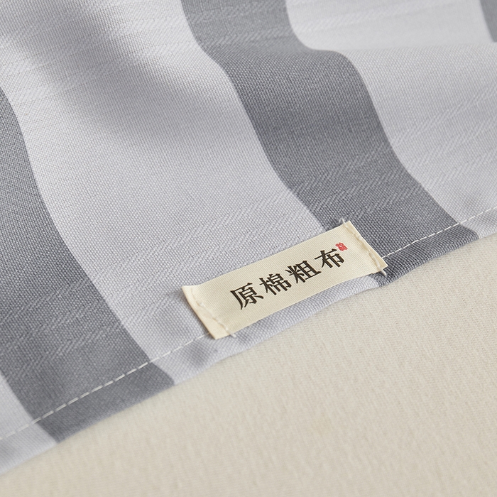 91家纺网 家纺一手货源 找家纺 青泽家纺 2025年新款老粗布床单原棉三枚缎卡老粗布凉席三件套亚麻棉麻床单枕套 灰竖条