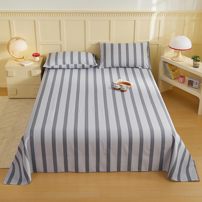 91家纺网 家纺一手货源 找家纺 青泽家纺 2025年新款老粗布床单原棉三枚缎卡老粗布凉席三件套亚麻棉麻床单枕套 灰竖条