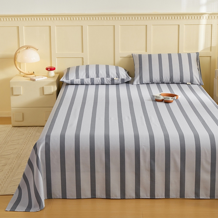 91家纺网 家纺一手货源 找家纺 青泽家纺 2025年新款老粗布床单原棉三枚缎卡老粗布凉席三件套亚麻棉麻床单枕套 灰竖条