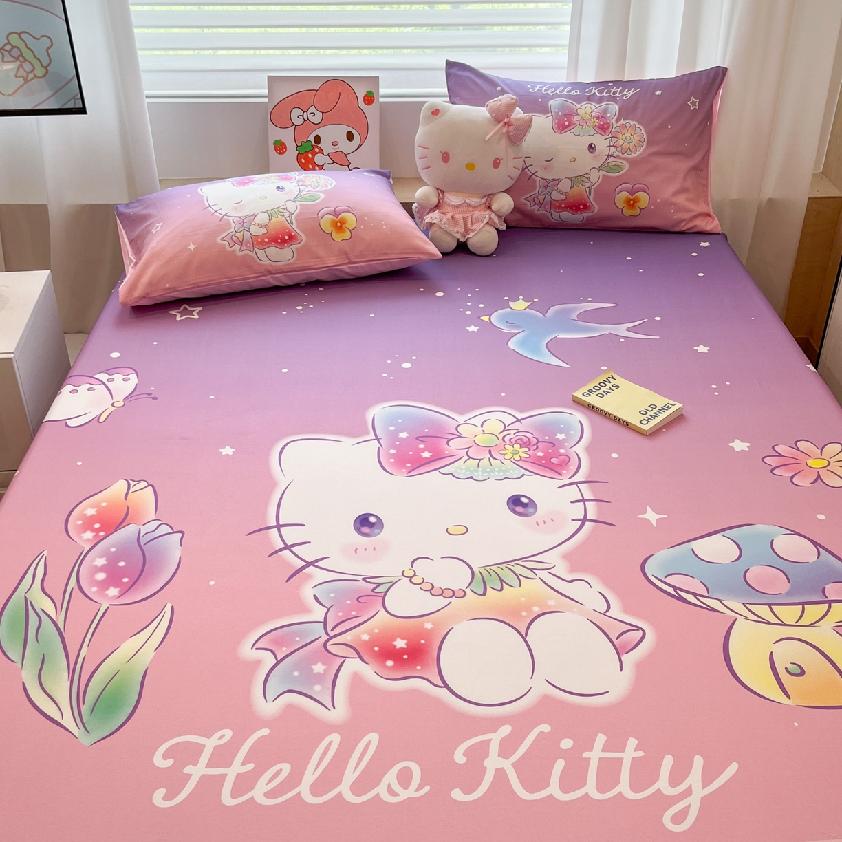 91家纺网 家纺一手货源 找家纺 暮思家居 2025新款正版授权三丽鸥大阪全棉数码印花纯棉单品床笠床笠单件单床笠（专版花型） 棉A版-梦幻KT