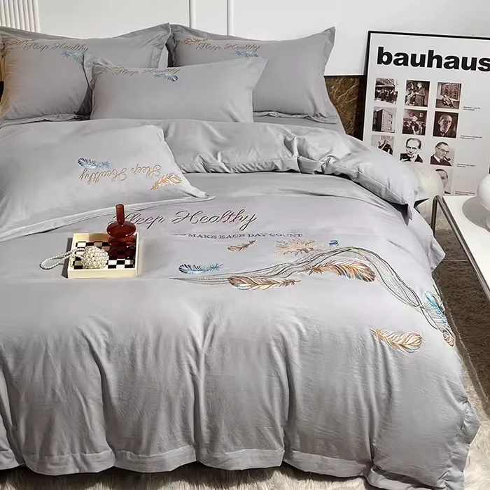 青泽家纺 2025新款母婴级ins风韩版绣花荷叶边水洗棉磨毛四件套 飞羽-高级灰