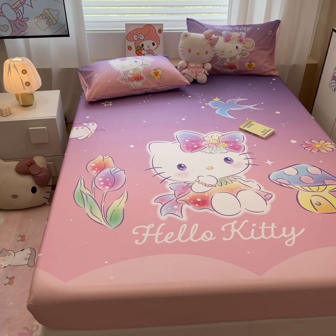 91家纺网 家纺一手货源 找家纺 暮思家居 2025新款正版授权三丽鸥大阪全棉数码印花纯棉单品床笠床笠单件单床笠（专版花型） 棉A版-梦幻KT