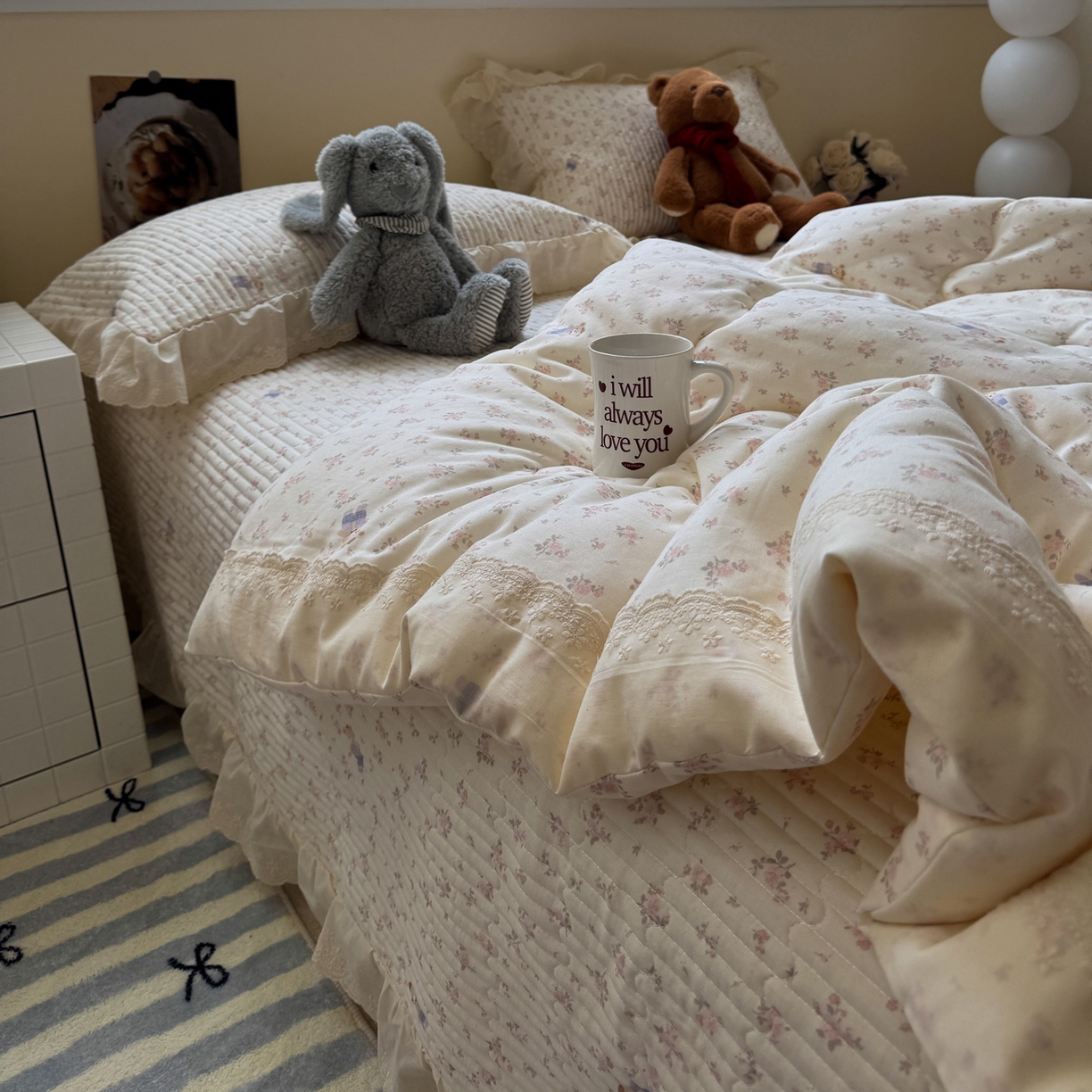 91家纺网 家纺一手货源 找家纺 一加一 2025新款田园风全棉纯棉双层纱床盖冬被被子被芯四件套 钥匙珊瑚