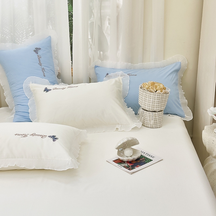 91家纺网 家纺一手货源 找家纺 青泽家纺 2025新款母婴级ins风韩版绣花荷叶边水洗棉磨毛四件套 蝶舞-白