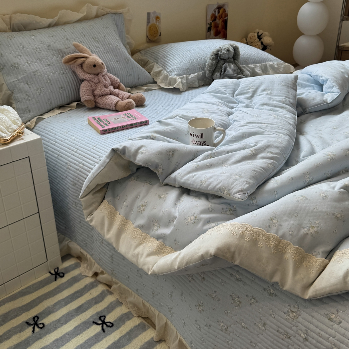 91家纺网 家纺一手货源 找家纺 一加一 2025新款田园风全棉纯棉双层纱床盖冬被被子被芯四件套 玲兰铛-兰