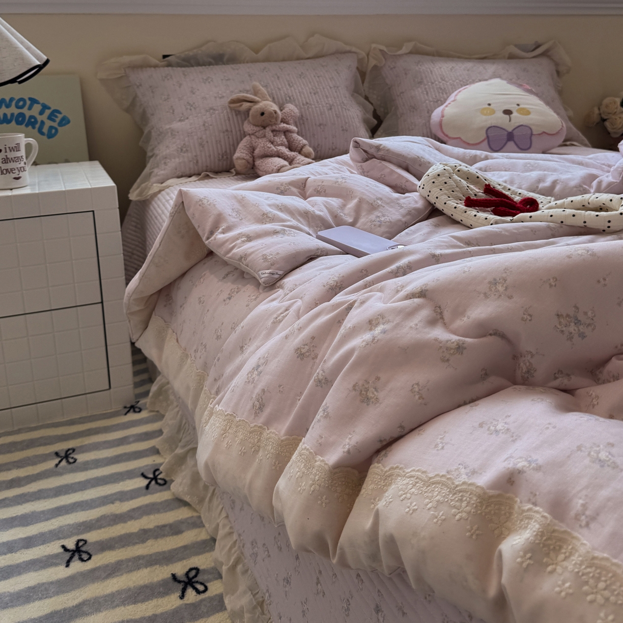 91家纺网 家纺一手货源 找家纺 一加一 2025新款田园风全棉纯棉双层纱床盖冬被被子被芯四件套 玲兰铛-粉