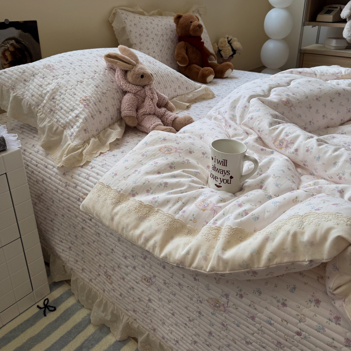 91家纺网 家纺一手货源 找家纺 一加一 2025新款田园风全棉纯棉双层纱床盖冬被被子被芯四件套 兰絮-粉