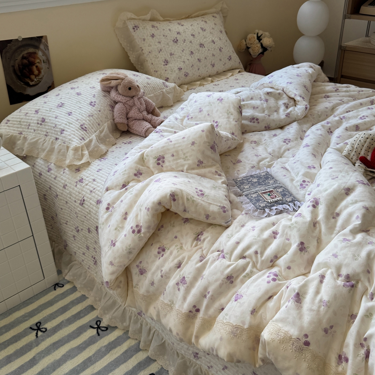 91家纺网 家纺一手货源 找家纺 一加一 2025新款田园风全棉纯棉双层纱床盖冬被被子被芯四件套 莓果雨