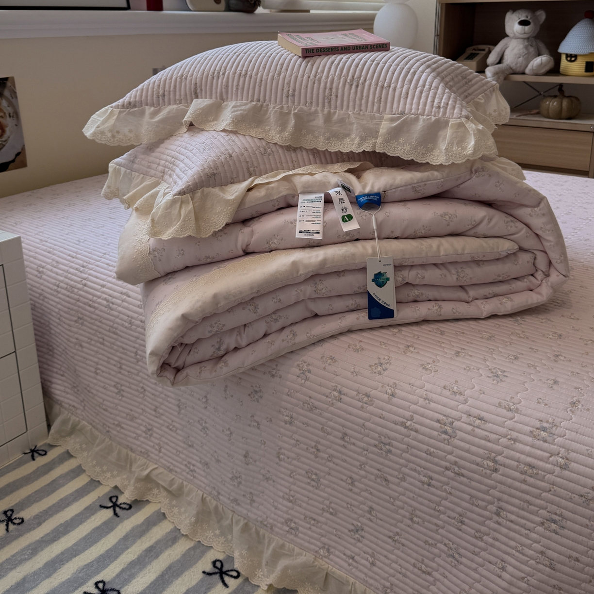 91家纺网 家纺一手货源 找家纺 一加一 2025新款田园风全棉纯棉双层纱床盖冬被被子被芯四件套 玲兰铛-粉