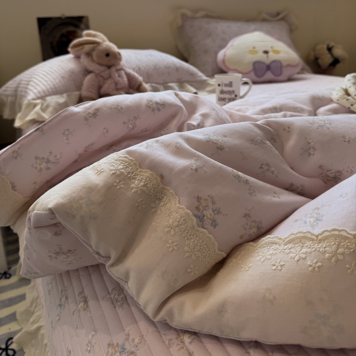 91家纺网 家纺一手货源 找家纺 一加一 2025新款田园风全棉纯棉双层纱床盖冬被被子被芯四件套 玲兰铛-粉