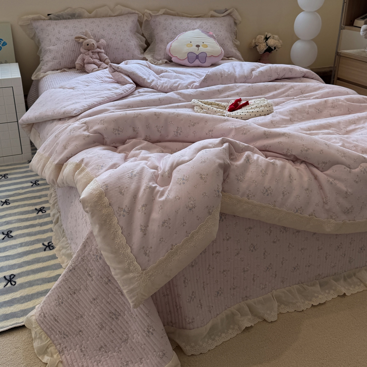 91家纺网 家纺一手货源 找家纺 一加一 2025新款田园风全棉纯棉双层纱床盖冬被被子被芯四件套 玲兰铛-粉