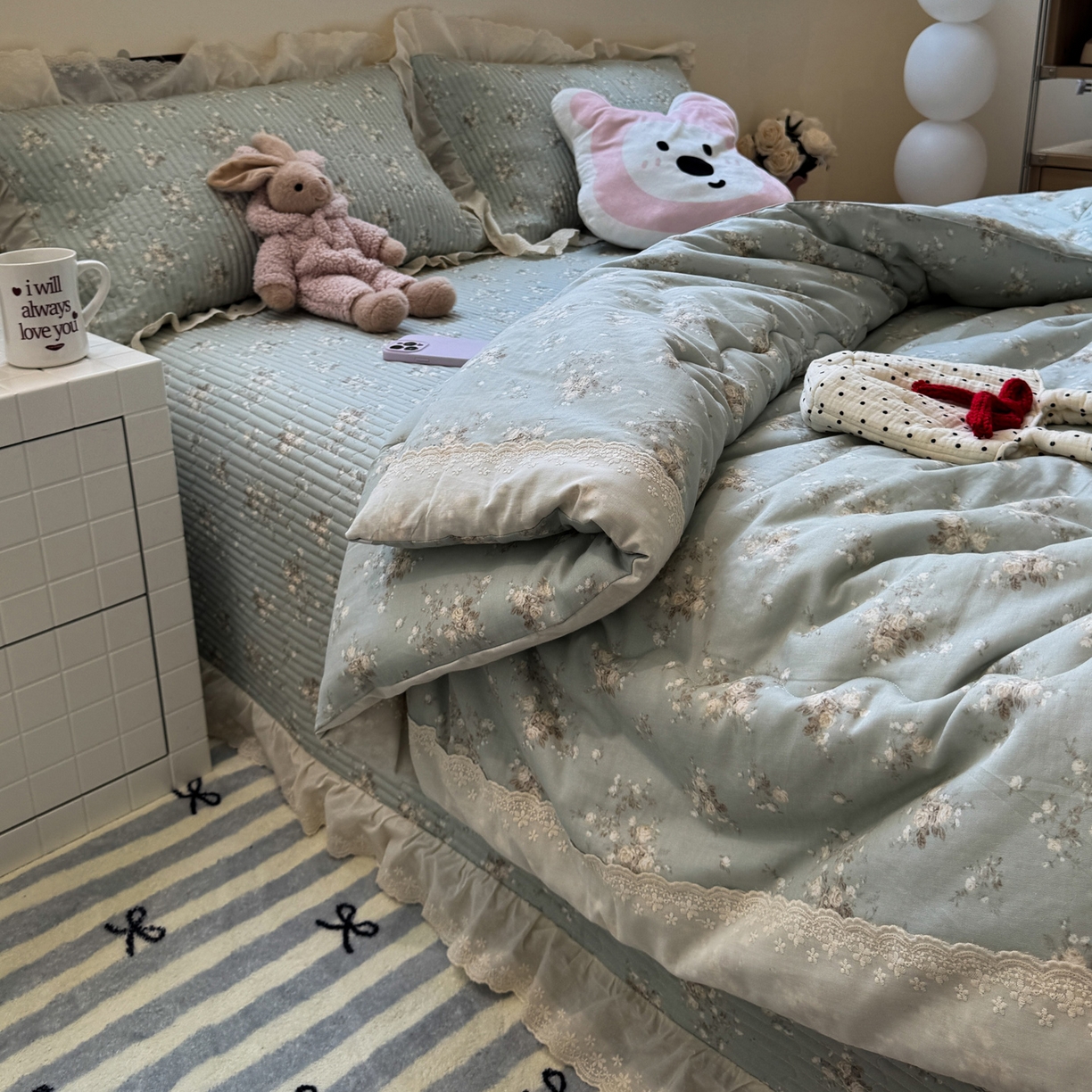 91家纺网 家纺一手货源 找家纺 一加一 2025新款田园风全棉纯棉双层纱床盖冬被被子被芯四件套 浮沉未央-绿