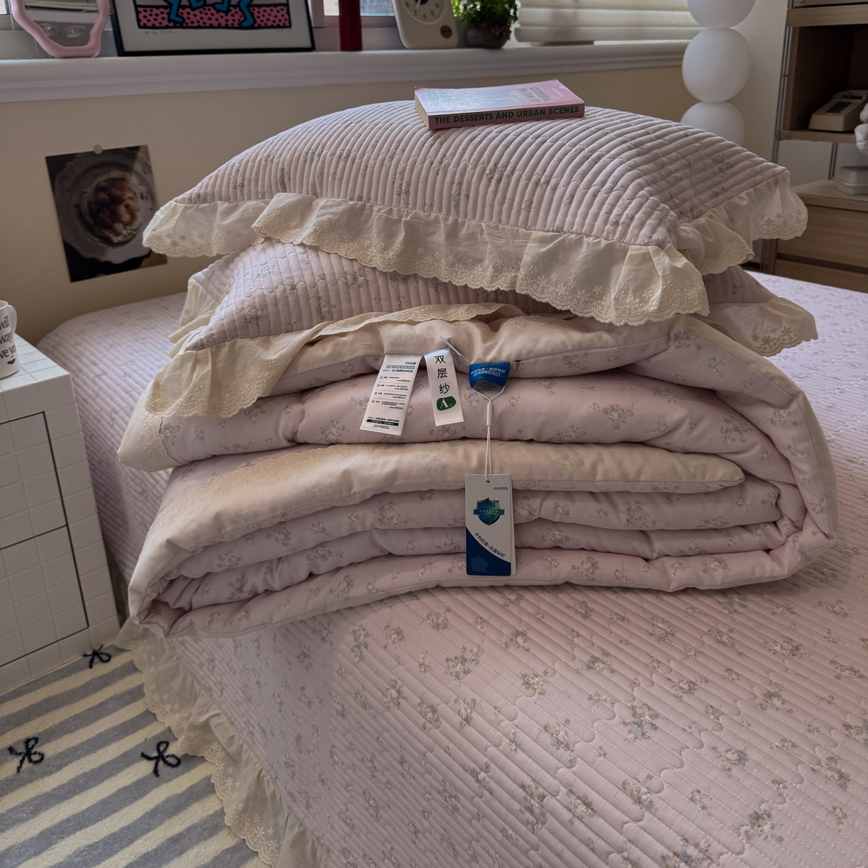 91家纺网 家纺一手货源 找家纺 一加一 2025新款田园风全棉纯棉双层纱床盖冬被被子被芯四件套 玲兰铛-粉